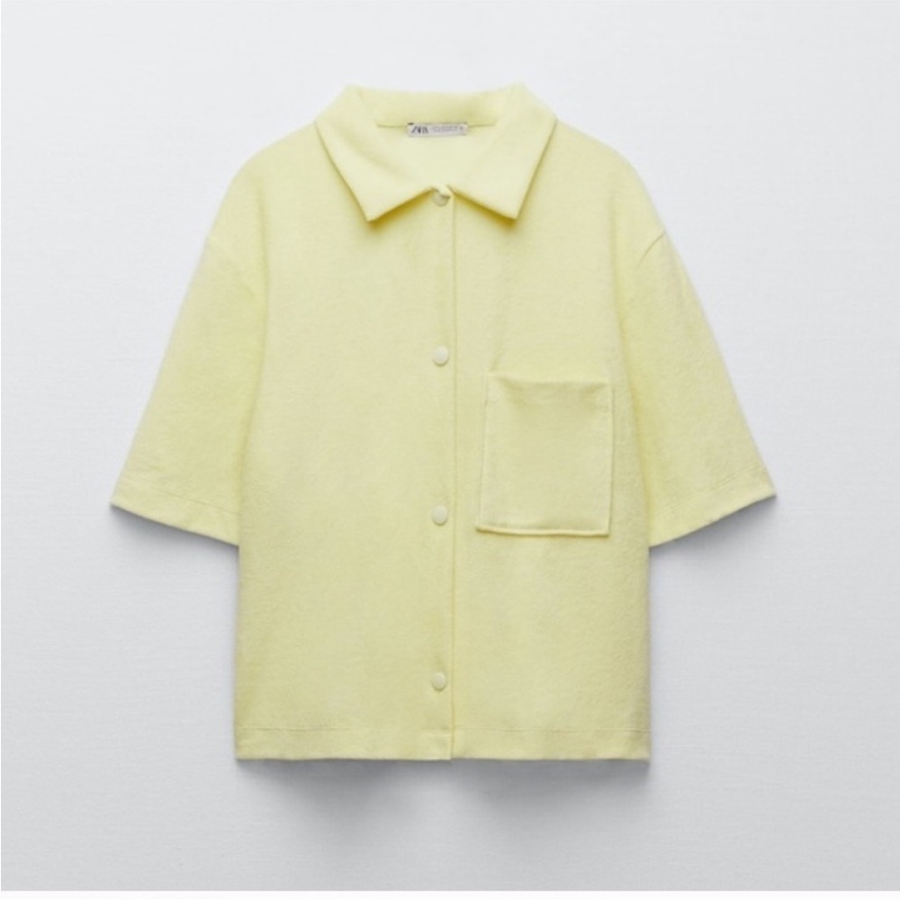 Zara women’s velour terry cloth pocket short sleeve snap button down boxy fit